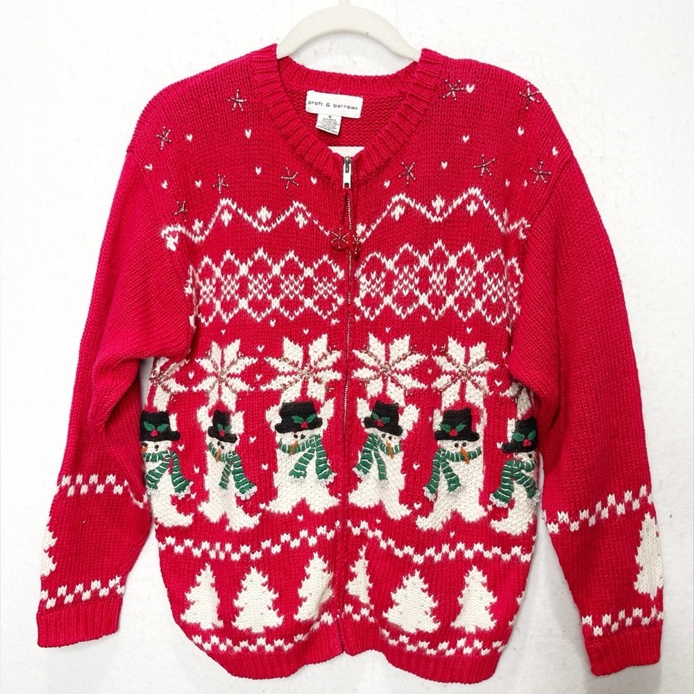 Croft & Barrow Frosty Fairisle Beaded Snowman Snowflake Zip Cardigan Nordic Cozy